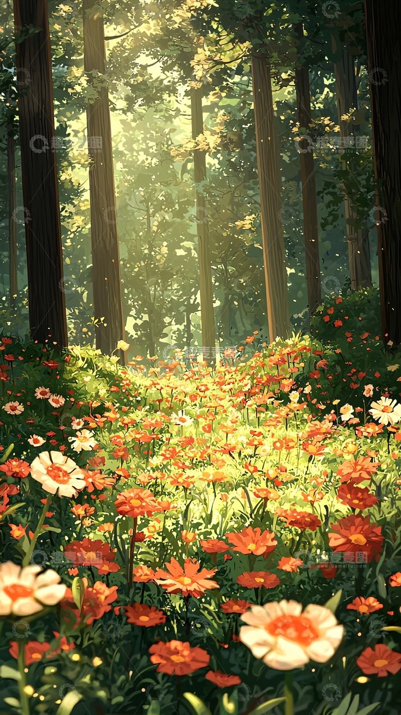 高清大图下载【趣麦麦图】花朵遍布的阳光森林