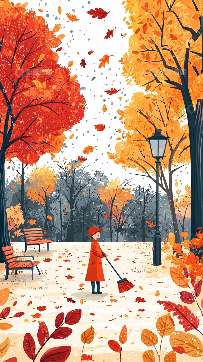 高清大图下载【趣麦麦图】秋日公园扫落叶的小女孩