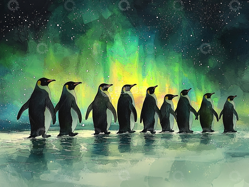 高清大图下载【趣麦麦图】企鹅在冰上观看极光