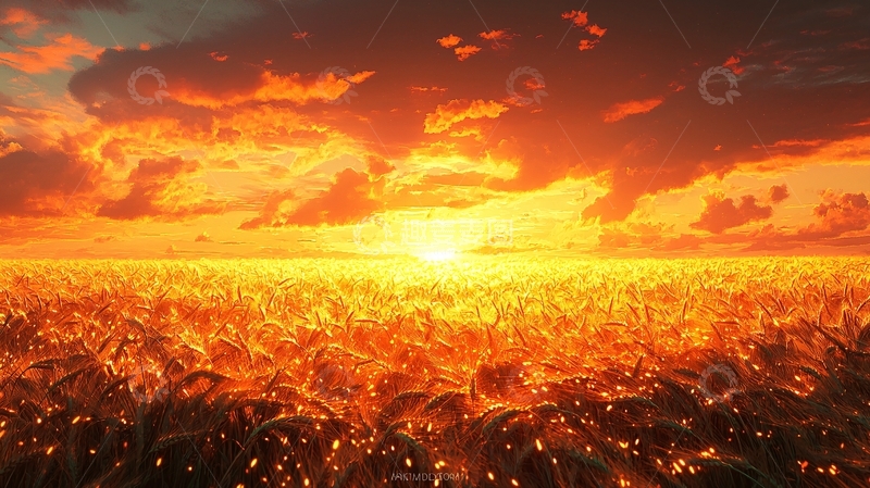 高清大图下载【趣麦麦图】火红的麦田日落