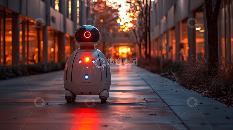 高清大图下载【趣麦麦图】夕阳下街道上的白色小机器人
