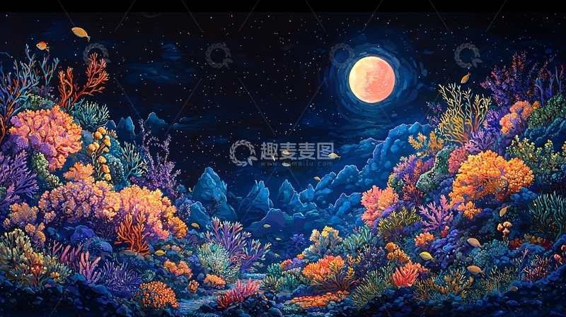 高清大图下载【趣麦麦图】月光下的珊瑚礁