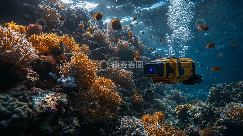 高清大图下载【趣麦麦图】水下机器人探索珊瑚礁