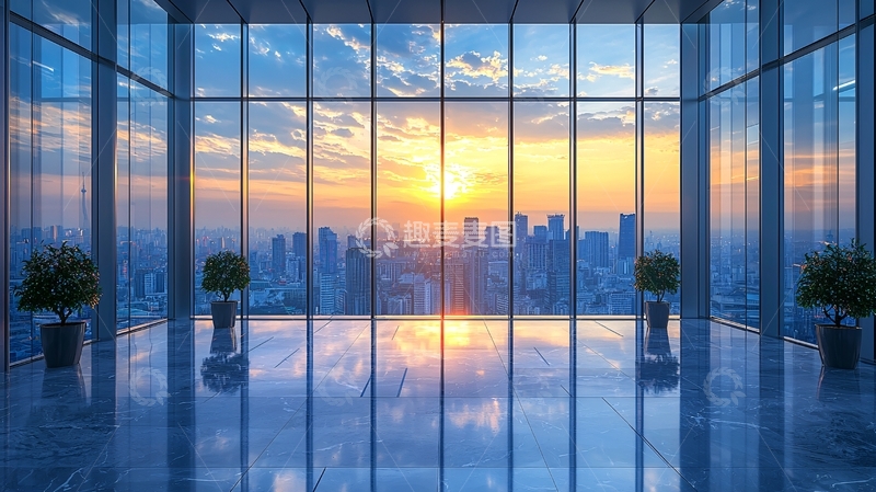 高清大图下载【趣麦麦图】落地窗城市日出景色