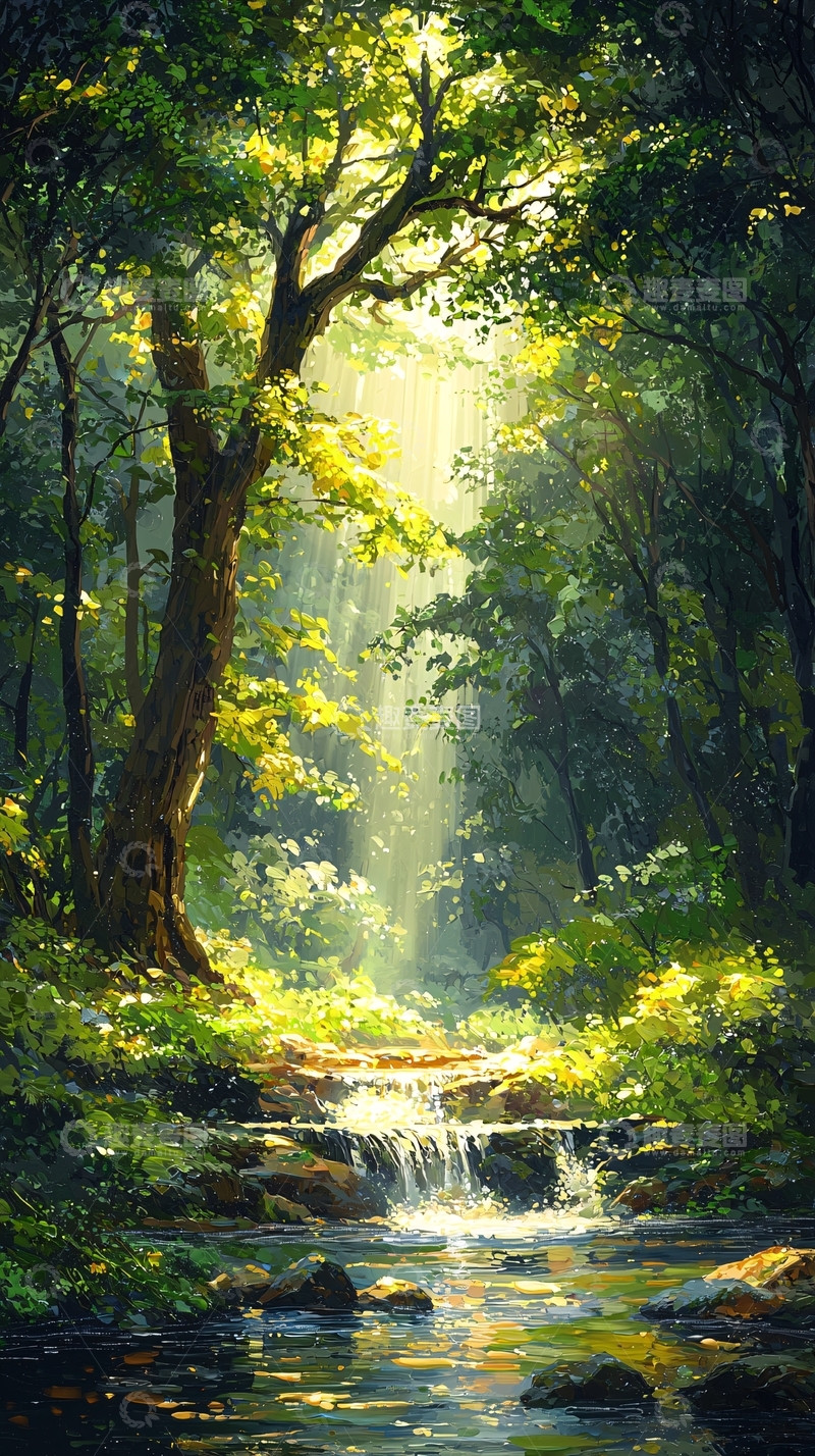 高清大图下载【趣麦麦图】森林溪流阳光