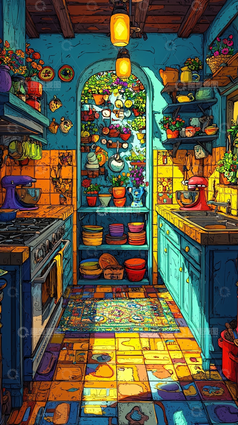 高清大图下载【趣麦麦图】阳光明媚的彩色厨房