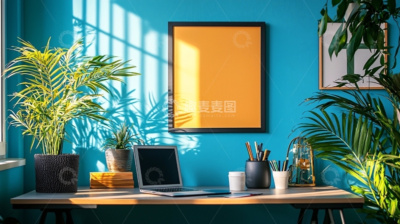 高清大图下载【趣麦麦图】蓝色背景办公桌