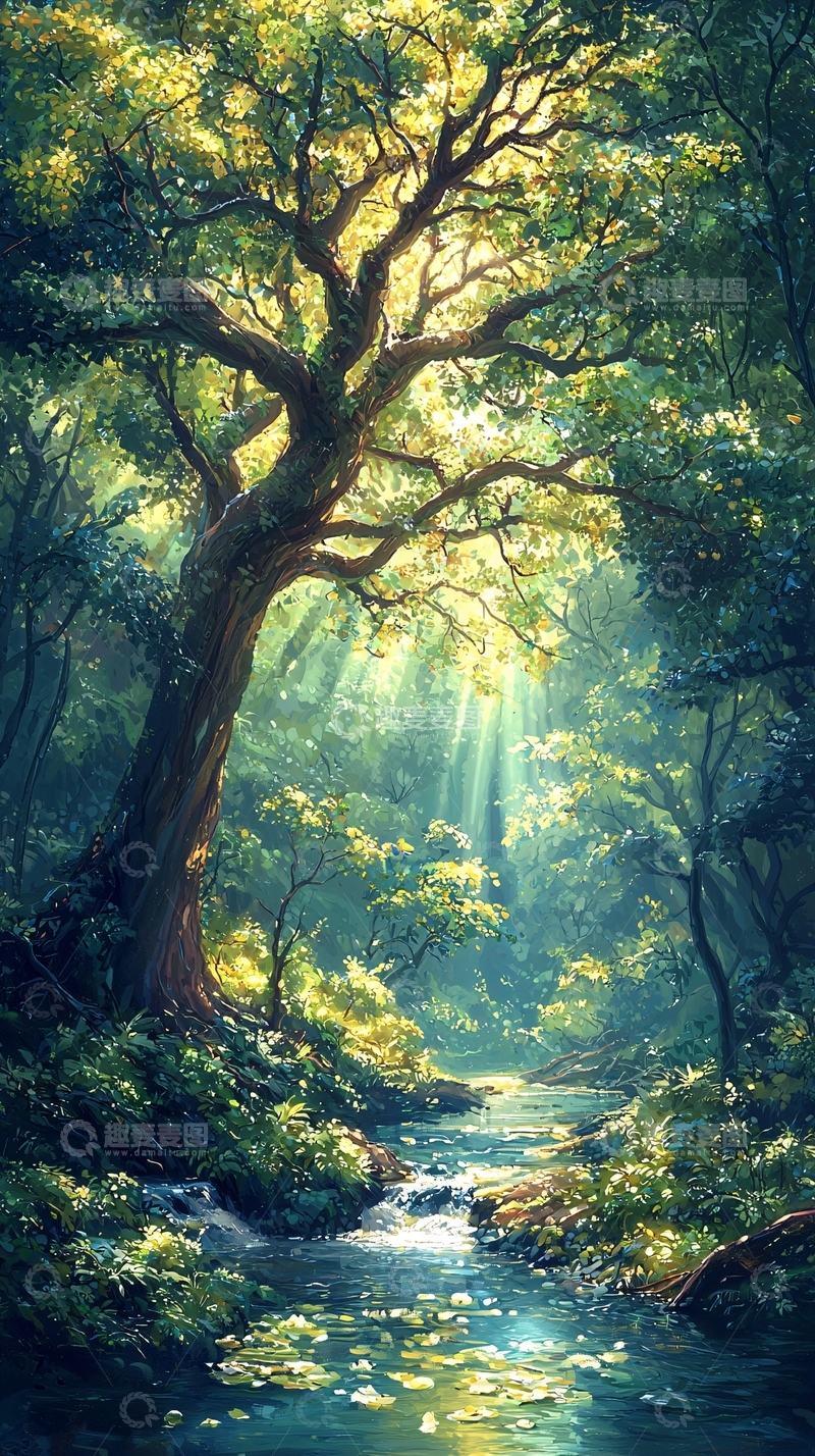 高清大图下载【趣麦麦图】光线穿透树林的小溪