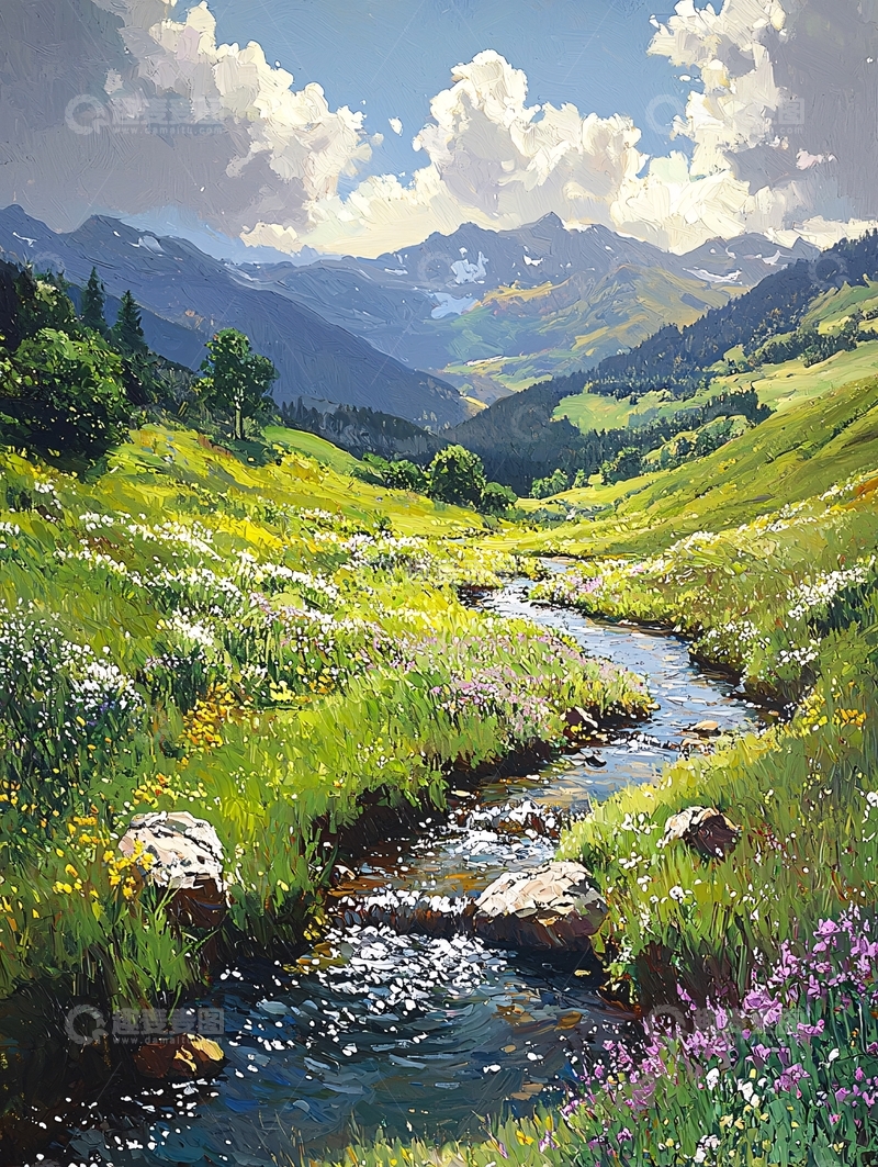 高清大图下载【趣麦麦图】山谷溪流野花盛开