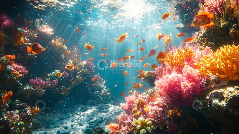 高清大图下载【趣麦麦图】阳光透过海水照射珊瑚礁