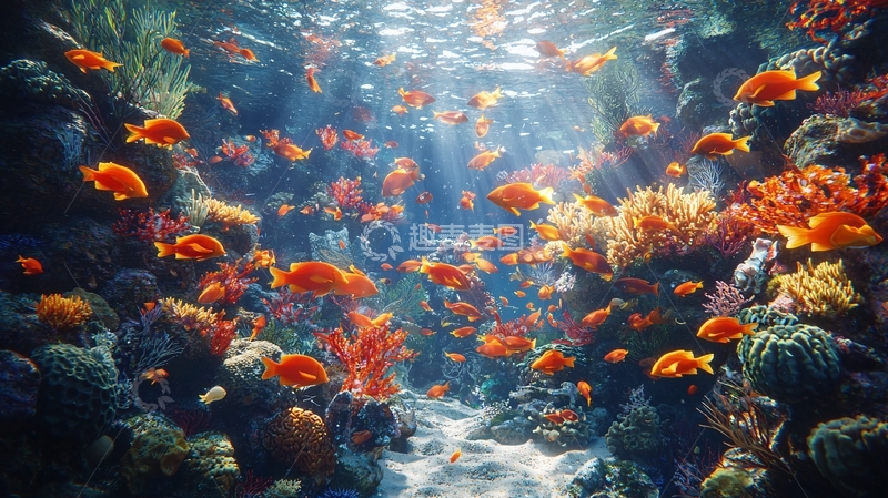 高清大图下载【趣麦麦图】阳光照射下的珊瑚礁鱼群