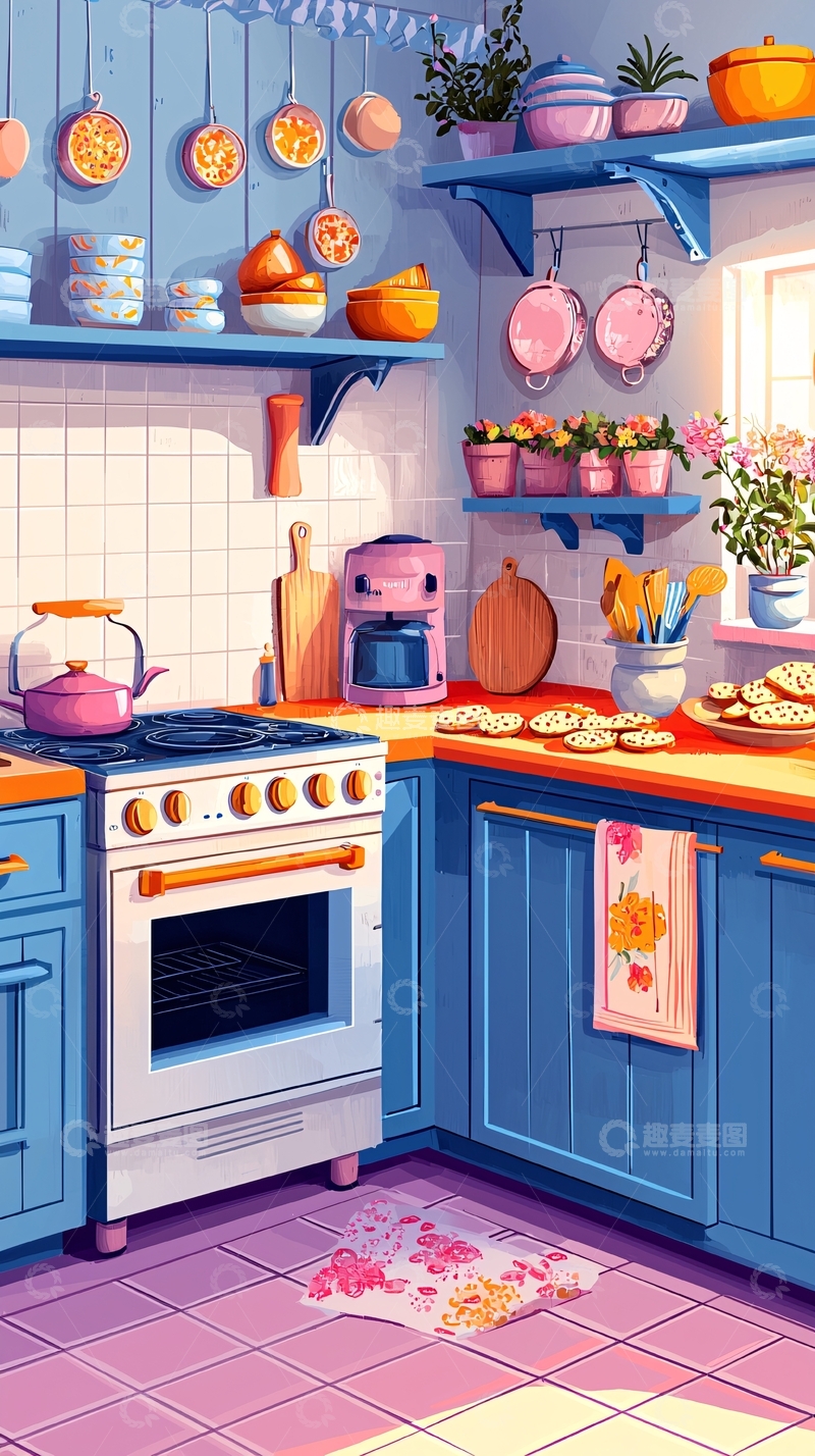 高清大图下载【趣麦麦图】温馨明亮的蓝色厨房