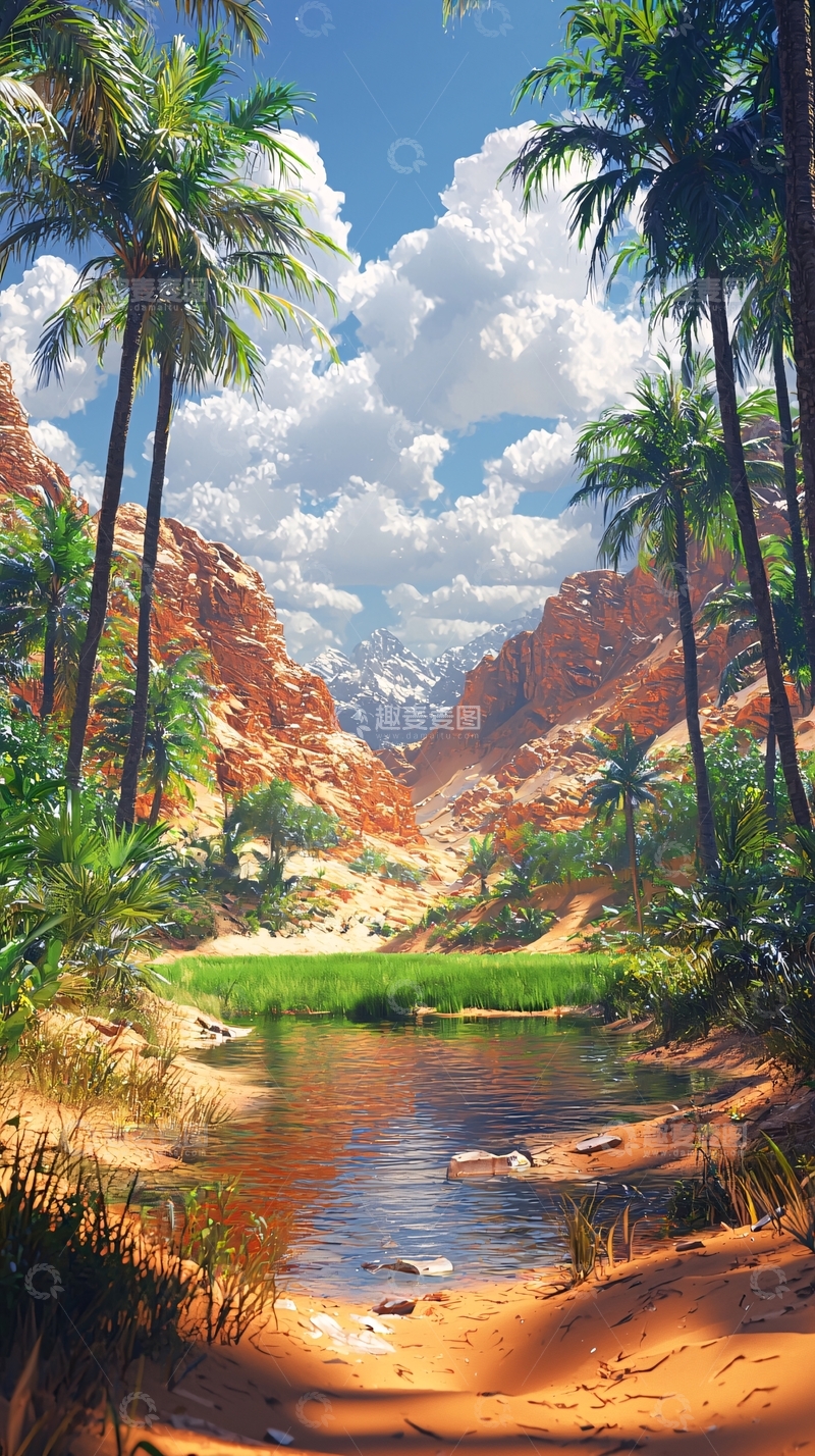 高清大图下载【趣麦麦图】棕榈树环绕的山谷绿洲