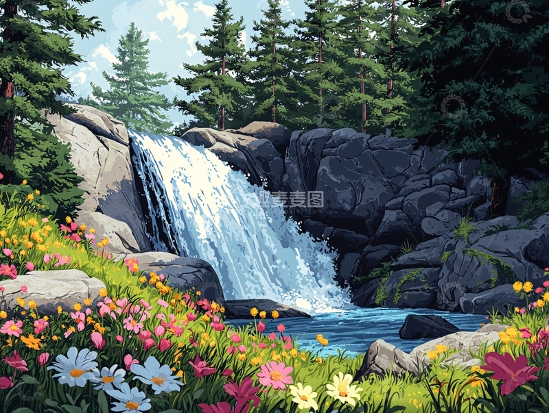 高清大图下载【趣麦麦图】宁静的森林瀑布美景