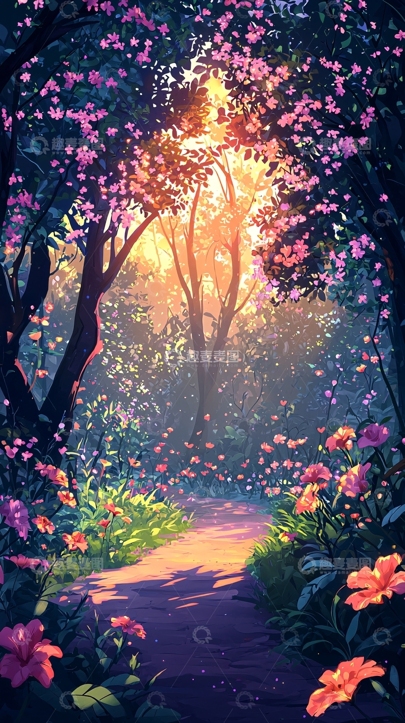 高清大图下载【趣麦麦图】鲜花盛开的梦幻森林小路