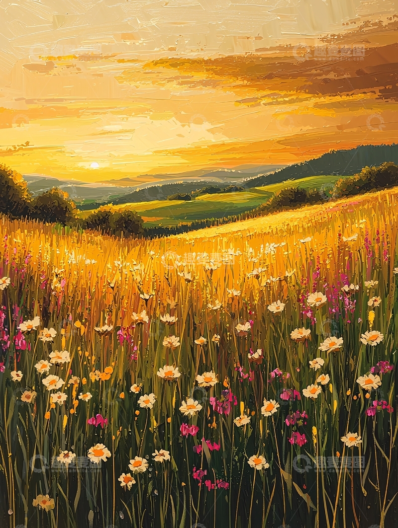高清大图下载【趣麦麦图】夕阳下金色的花田