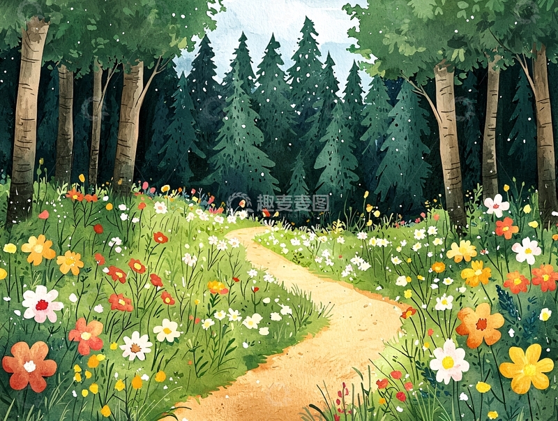 高清大图下载【趣麦麦图】森林小路鲜花环绕