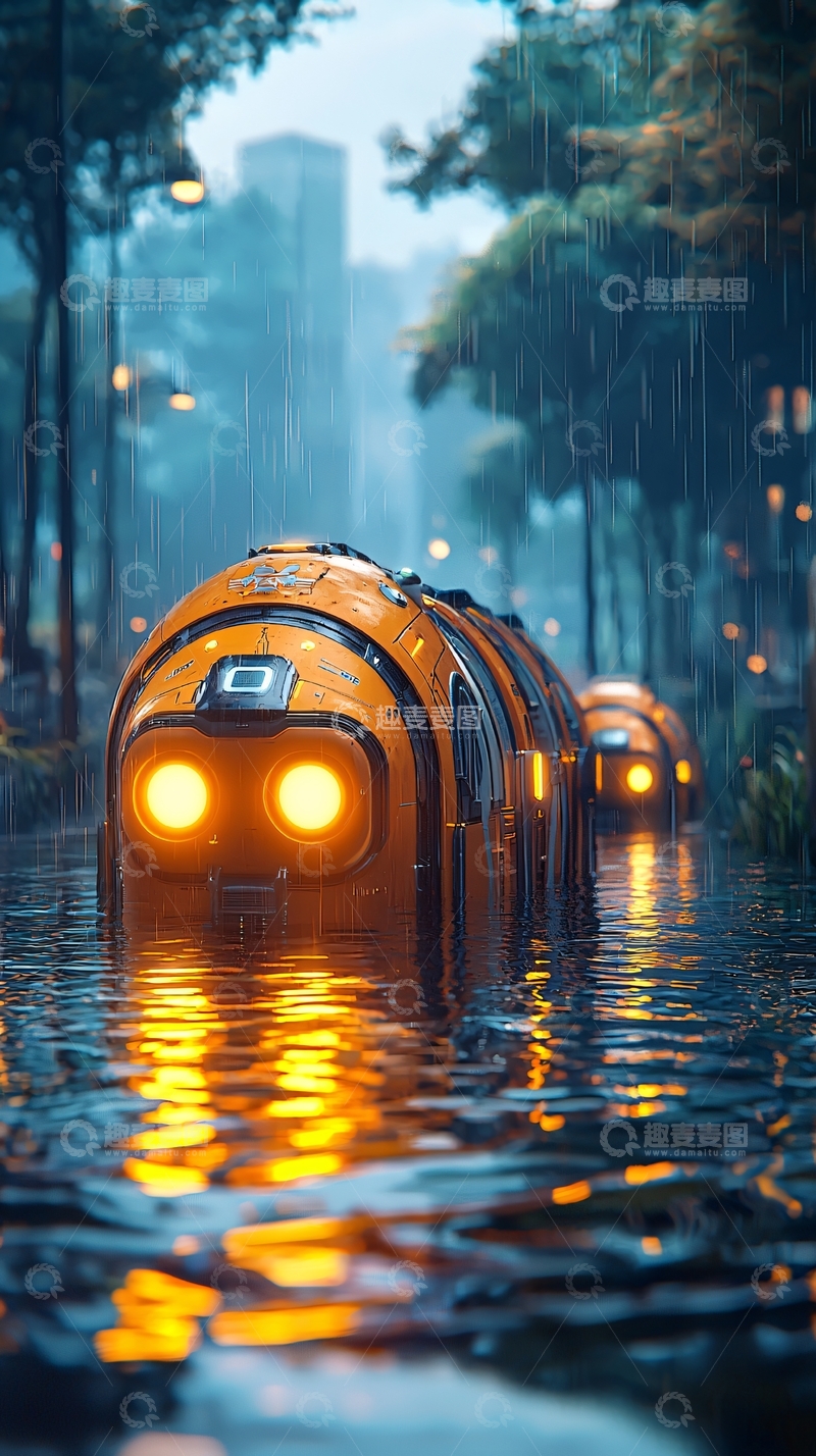 高清大图下载【趣麦麦图】雨中橙色机器人列队行驶