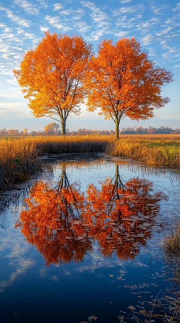 秋日倒影中的两棵橙色树木