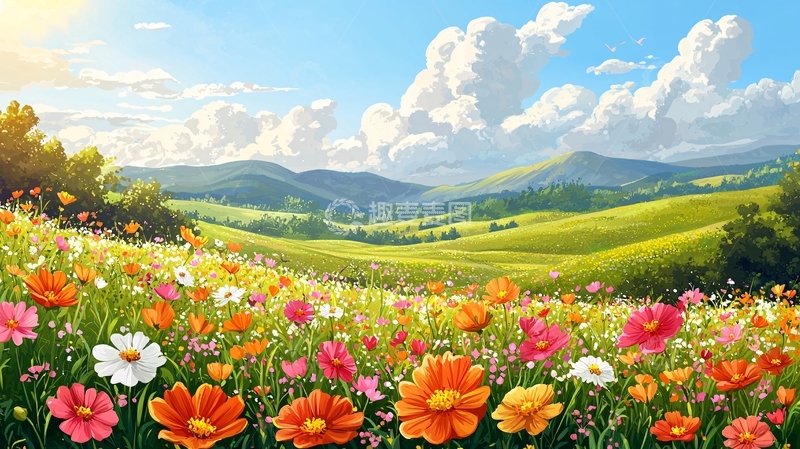 高清大图下载【趣麦麦图】阳光明媚的花海山谷