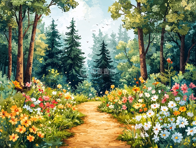 高清大图下载【趣麦麦图】森林小路鲜花盛开