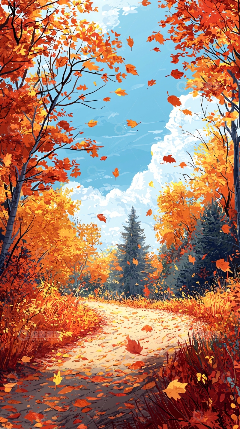 高清大图下载【趣麦麦图】秋日森林落叶缤纷小路