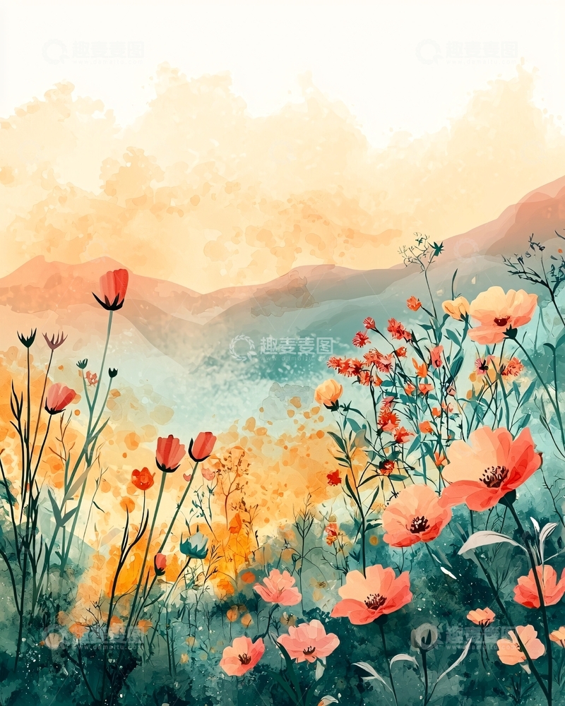 高清大图下载【趣麦麦图】水彩风格的花田山景