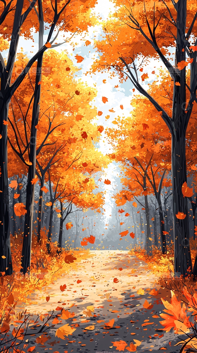 高清大图下载【趣麦麦图】秋叶飘落的橙色树林