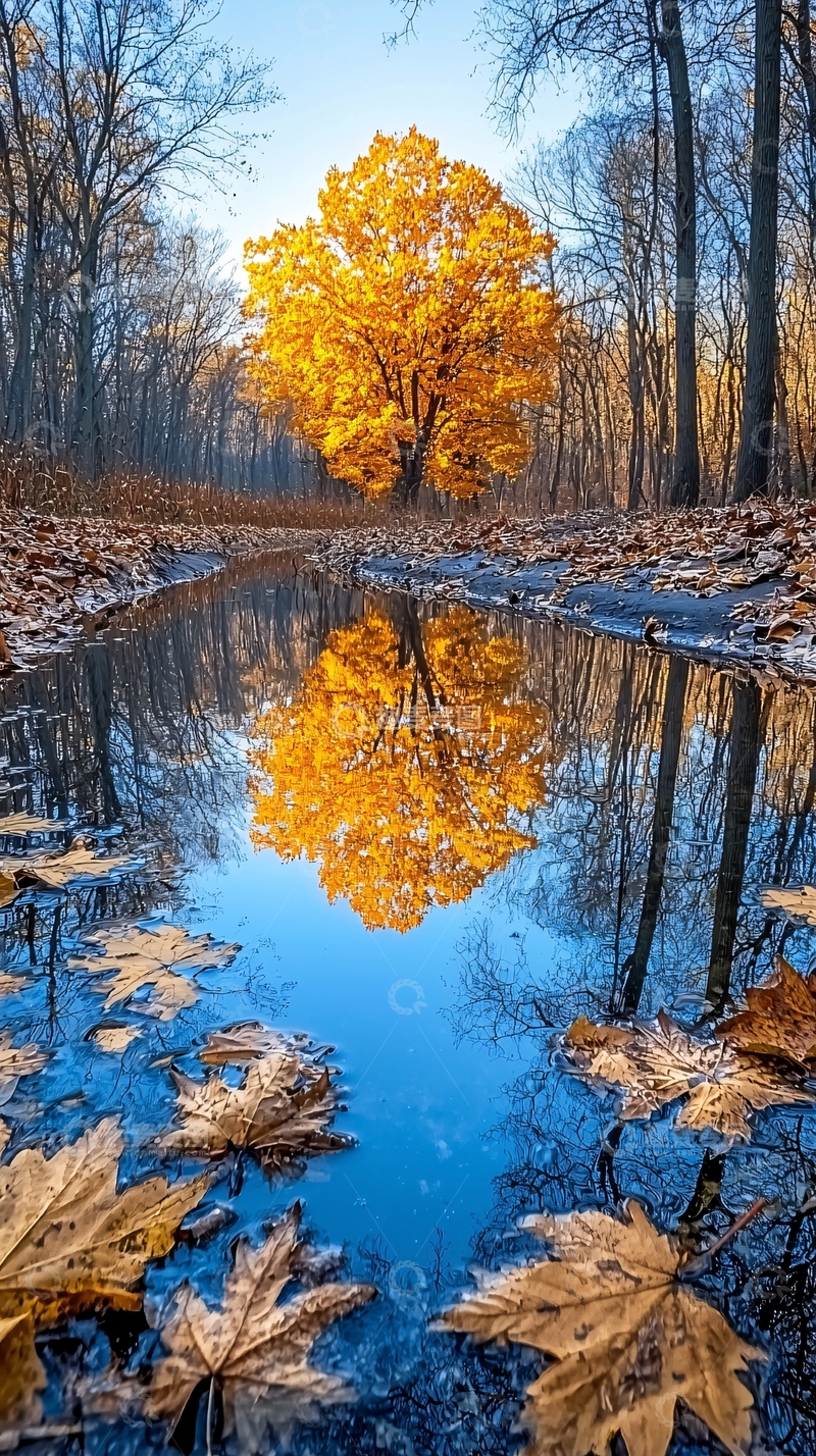 高清大图下载【趣麦麦图】秋日金黄树木倒影