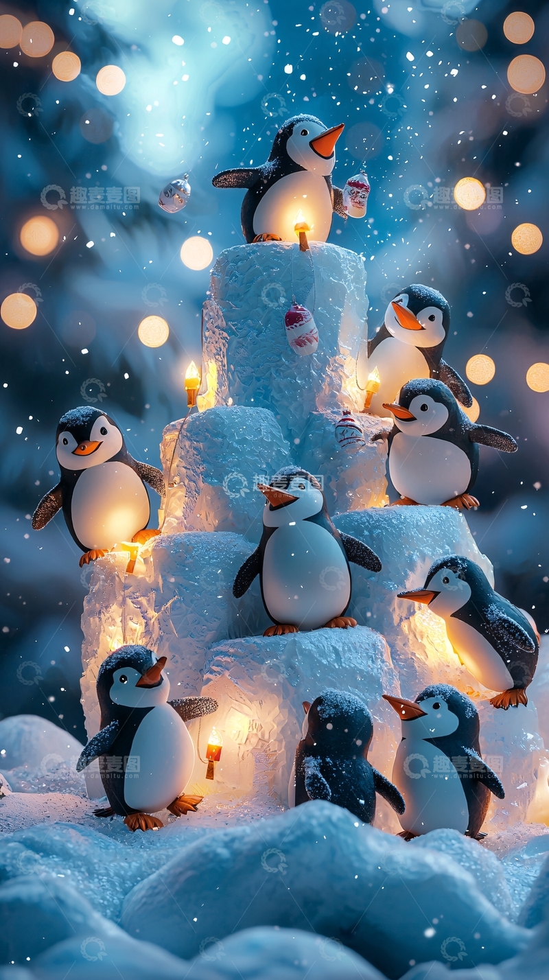 高清大图下载【趣麦麦图】一群企鹅在冰雪蛋糕上庆祝