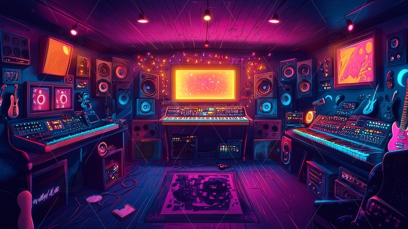 高清大图下载【趣麦麦图】霓虹灯光下的音乐工作室