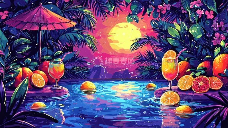 高清大图下载【趣麦麦图】热带水果泳池派对