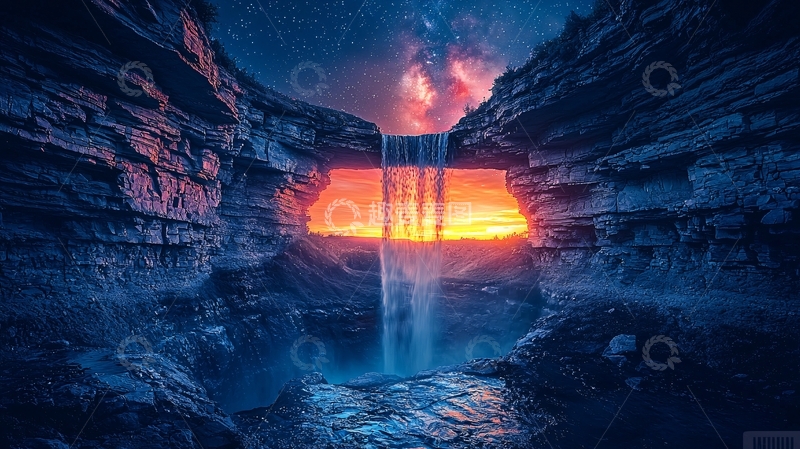 高清大图下载【趣麦麦图】峡谷瀑布星空日落