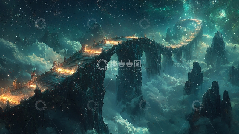 高清大图下载【趣麦麦图】云端上的发光石桥
