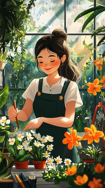 花园里快乐园艺的女孩