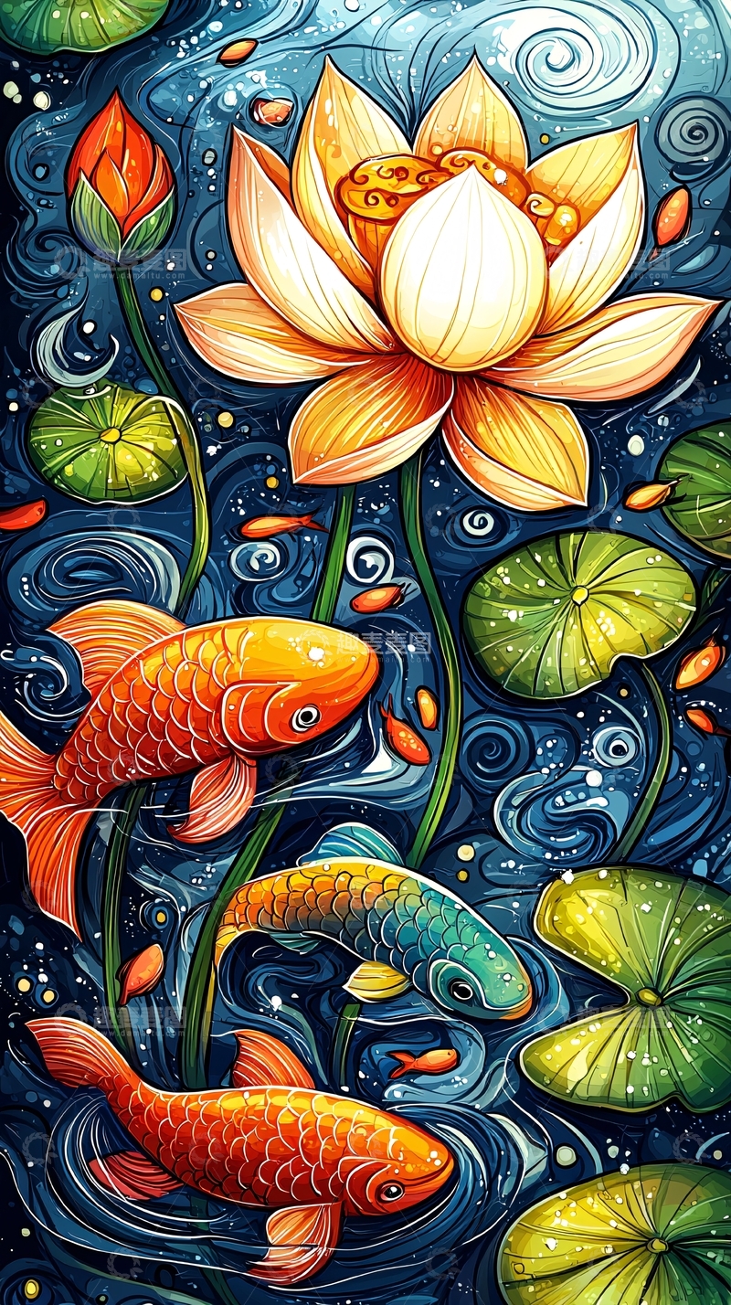 高清大图下载【趣麦麦图】荷花鲤鱼水墨画