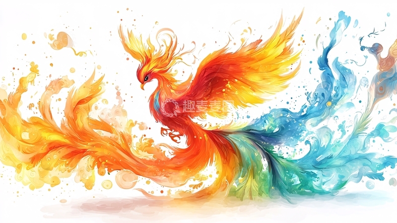 高清大图下载【趣麦麦图】水火交融的凤凰水彩插画