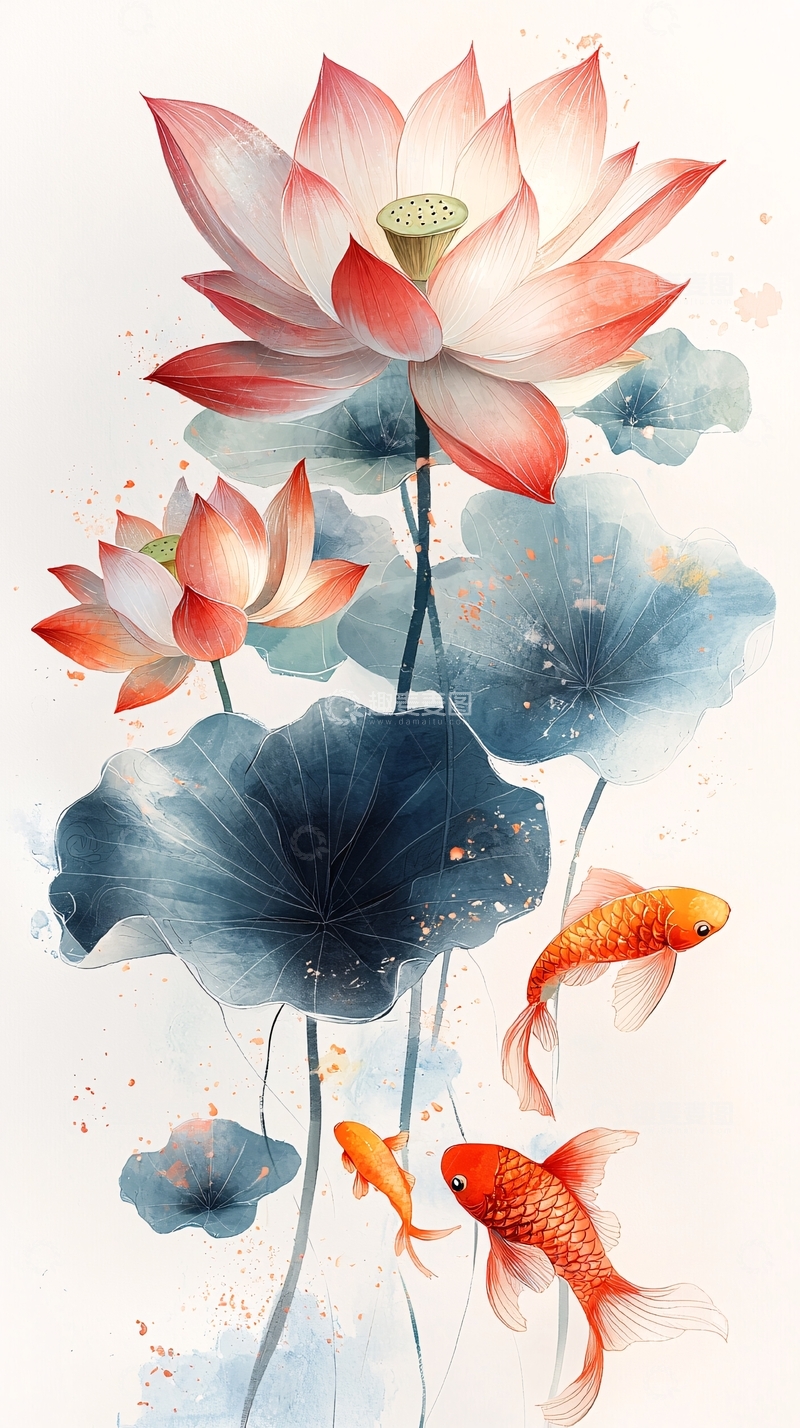 高清大图下载【趣麦麦图】荷花金鱼水墨画