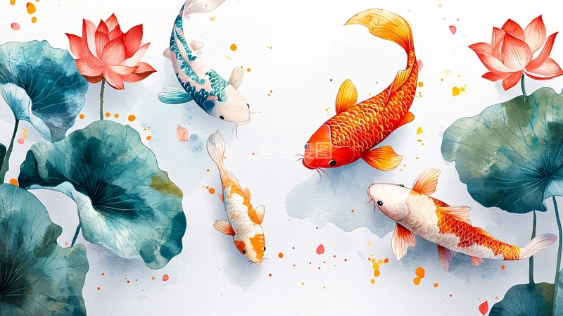 高清大图下载【趣麦麦图】锦鲤莲花水墨画
