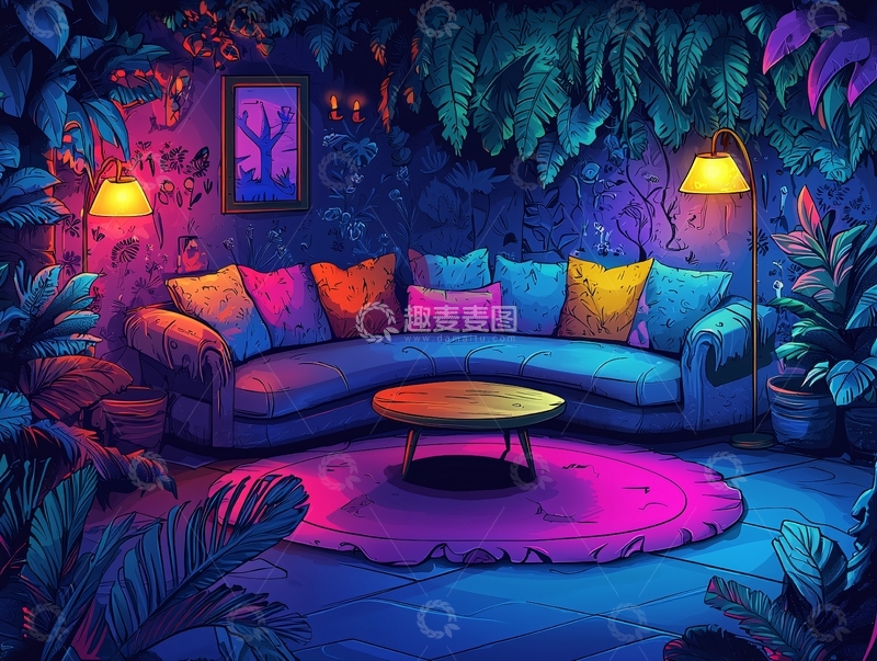 高清大图下载【趣麦麦图】热带植物环绕的舒适沙发