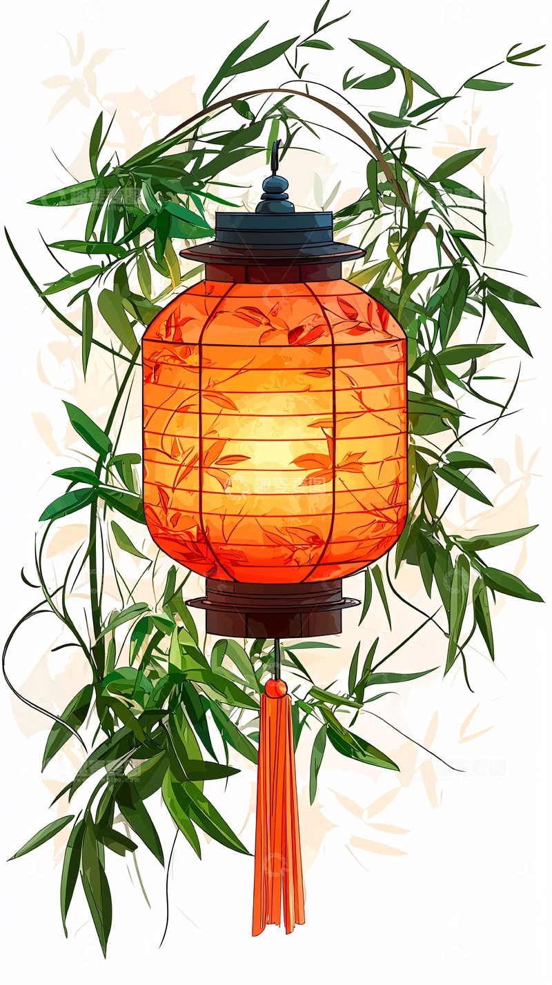 高清大图下载【趣麦麦图】橙色灯笼与竹枝水彩画