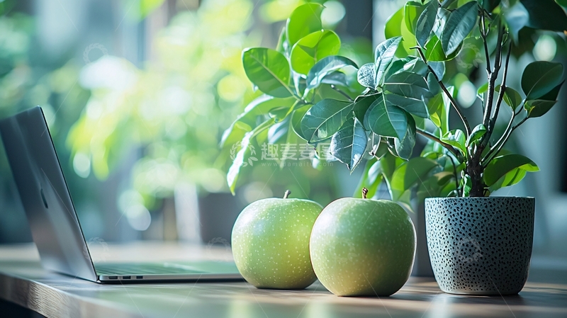 高清大图下载【趣麦麦图】办公桌绿植苹果电脑