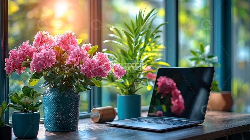 高清大图下载【趣麦麦图】窗边办公桌上粉红色绣球花和绿植