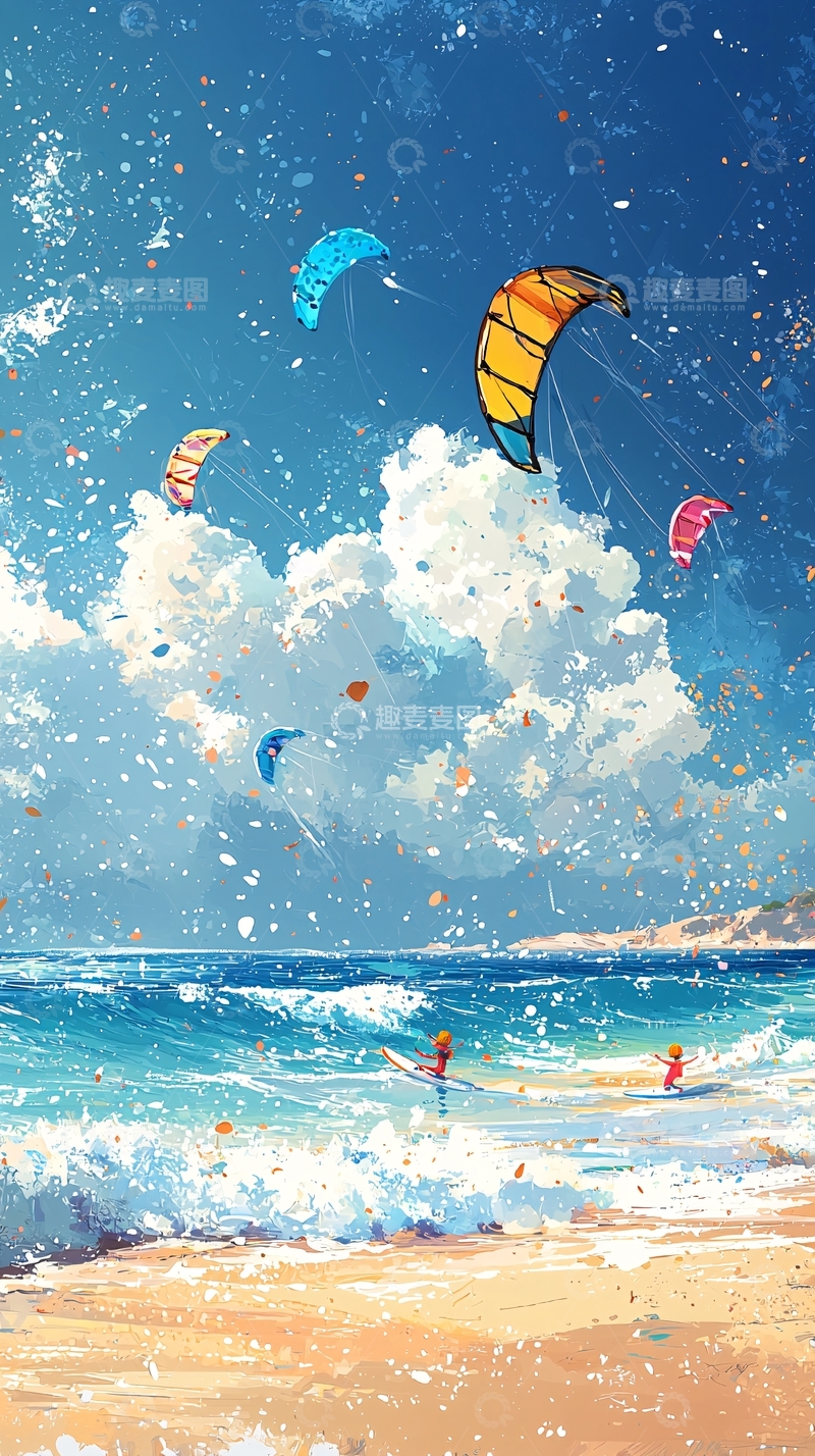 高清大图下载【趣麦麦图】海边风筝冲浪风景画