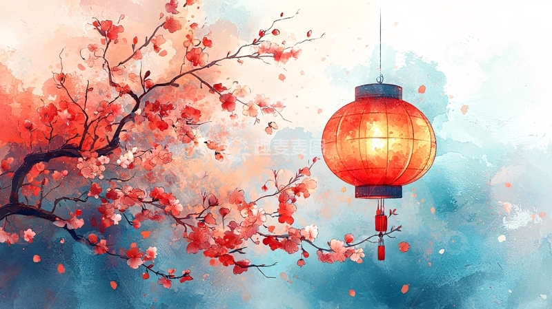 高清大图下载【趣麦麦图】红灯笼与桃花水彩画