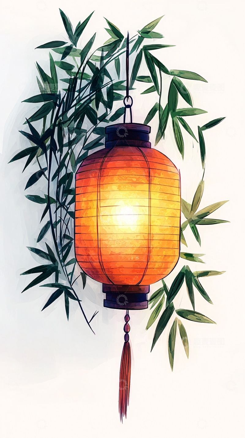 高清大图下载【趣麦麦图】竹子旁的橙色灯笼
