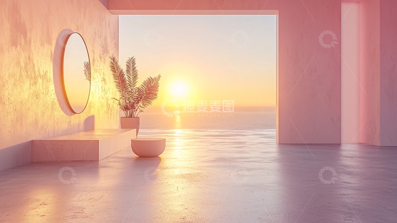 高清大图下载【趣麦麦图】粉色系极简海景房间