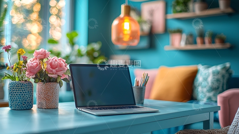 高清大图下载【趣麦麦图】蓝色桌子上粉色玫瑰和笔记本电脑