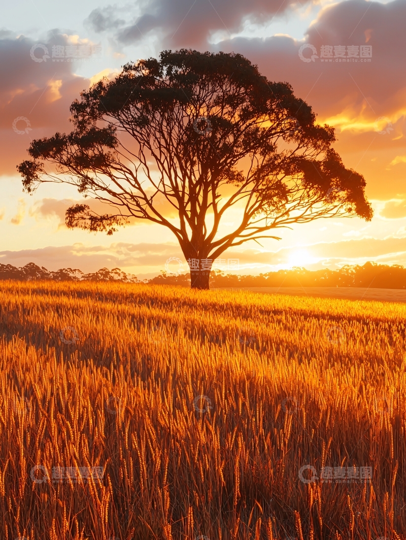 高清大图下载【趣麦麦图】田野日落下的孤树
