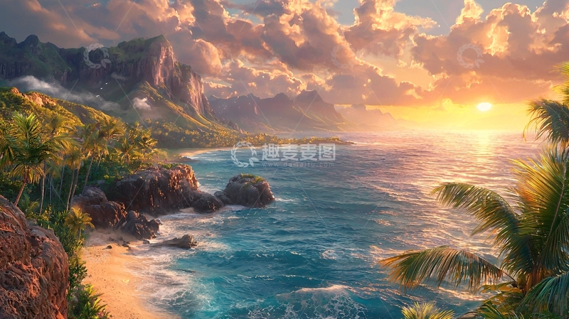 高清大图下载【趣麦麦图】热带海滩落日美景